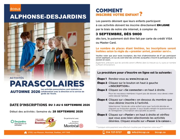 Brochure des activités parascolaires automne 2026 — école Alphonse-Desjardins