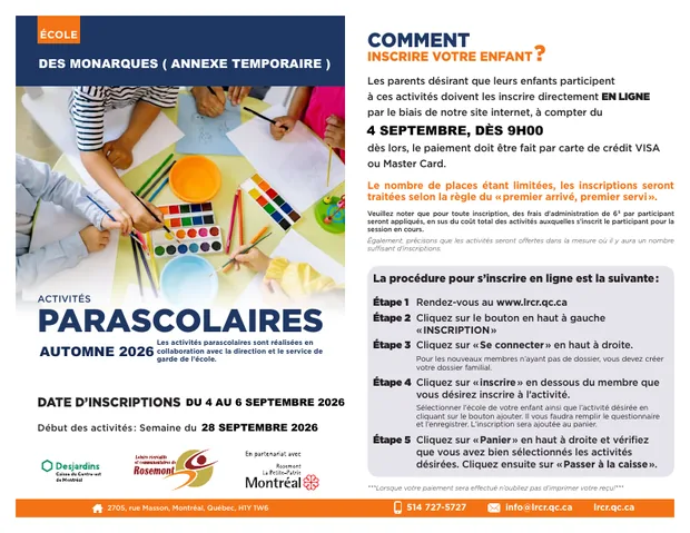 Brochure des activités parascolaires automne 2026 — école Annexe temporaire
