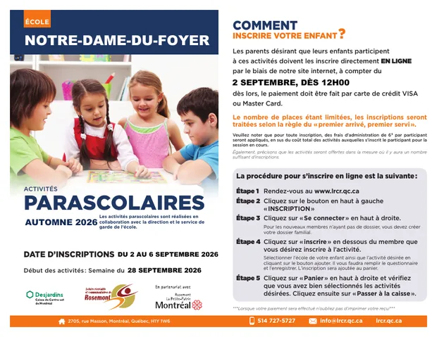 Brochure des activités parascolaires automne 2026 — école Notre-Dame-du-Foyer