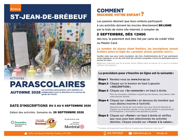 Brochure des activités parascolaires automne 2026 — école St-Jean-de-Brébeuf