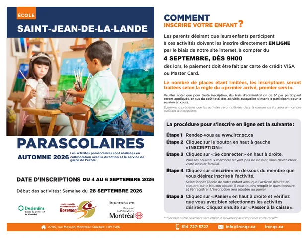 Brochure des activités parascolaires automne 2026 — école St-Jean-de-La-Lande