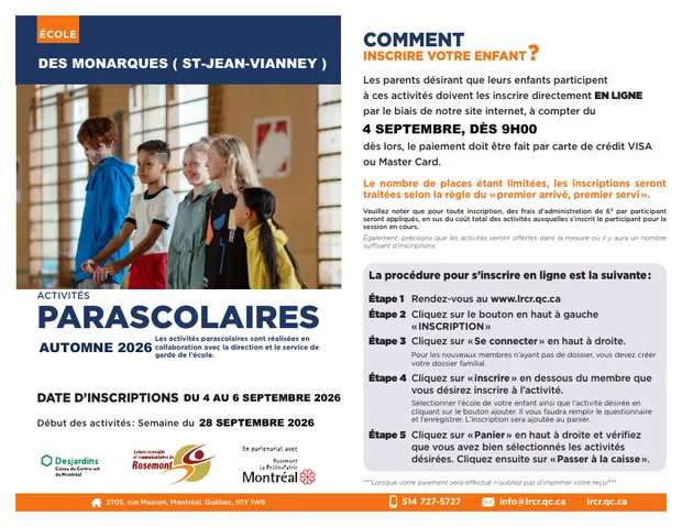 Brochure des activités parascolaires automne 2026 — école St-Jean-Vianney