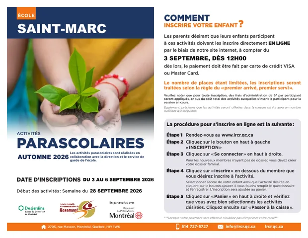Brochure des activités parascolaires automne 2026 — école St-Marc