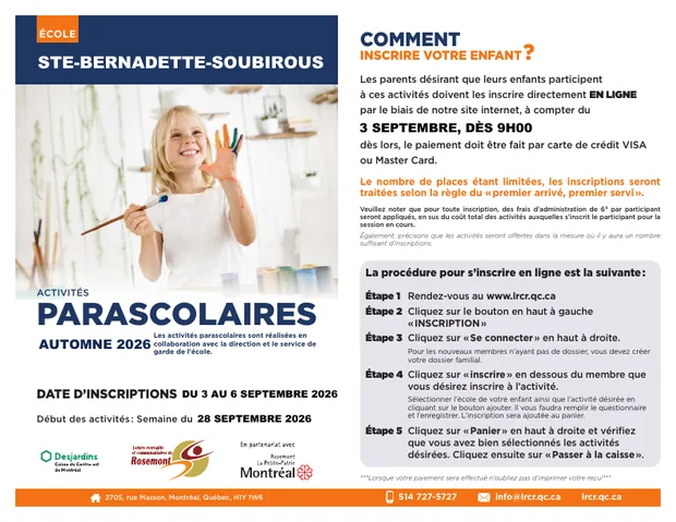 Brochure des activités parascolaires automne 2026 — école Ste-Bernadette-Soubirous