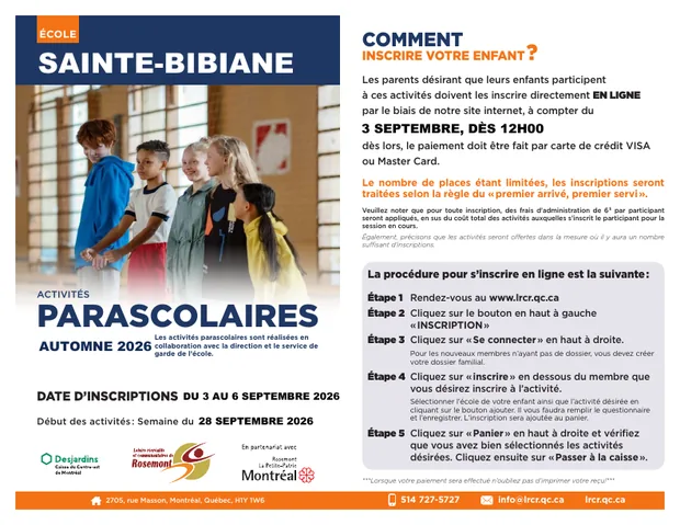 Brochure des activités parascolaires automne 2026 — école Ste-Bibiane